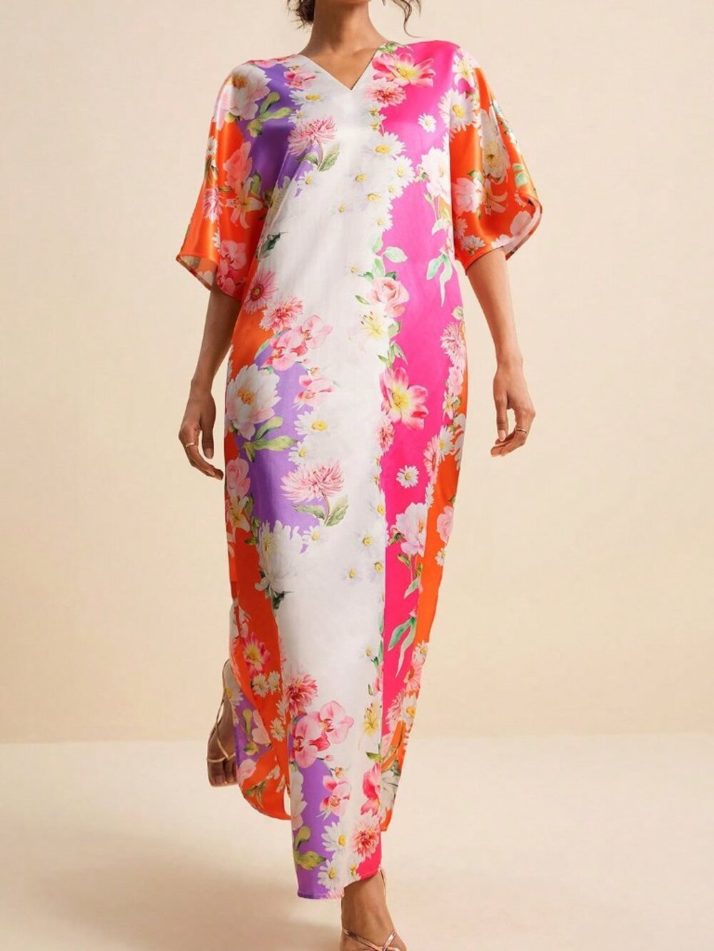 Multicolor Boho Tropical Floral Women's V-Neck Short Sleeve Printed Dress - Picture 5 of 8